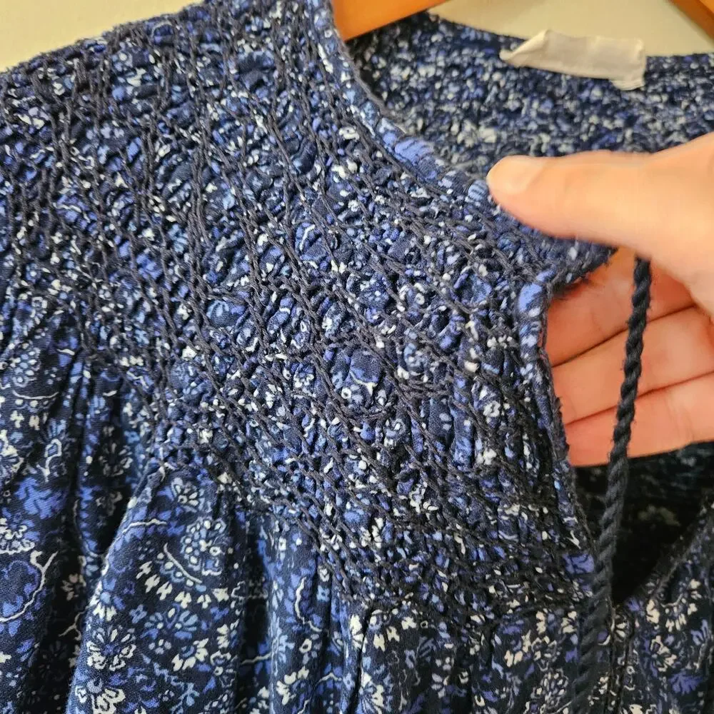 Lucky Brand Women's Peasant Top, Size L Floral Tassel Boho Blue Cottage - Picture 2 of 7